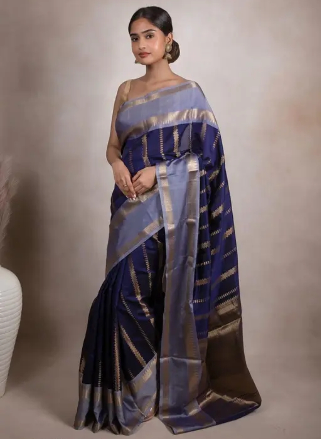 Elegant Navy Blue Semi Katan Banarasi Saree with Gold Zari Stripes