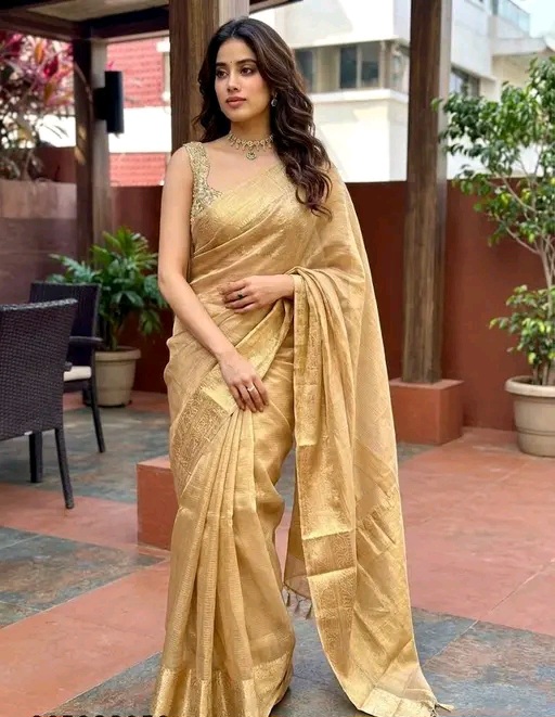 Elegant Golden Banarasi Tissue Silk Saree with Zari Border