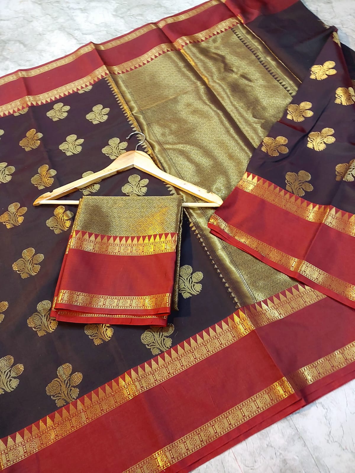 Classic Dark Brown Maroon Banarasi Semi Katan Saree with Gold Zari Butta