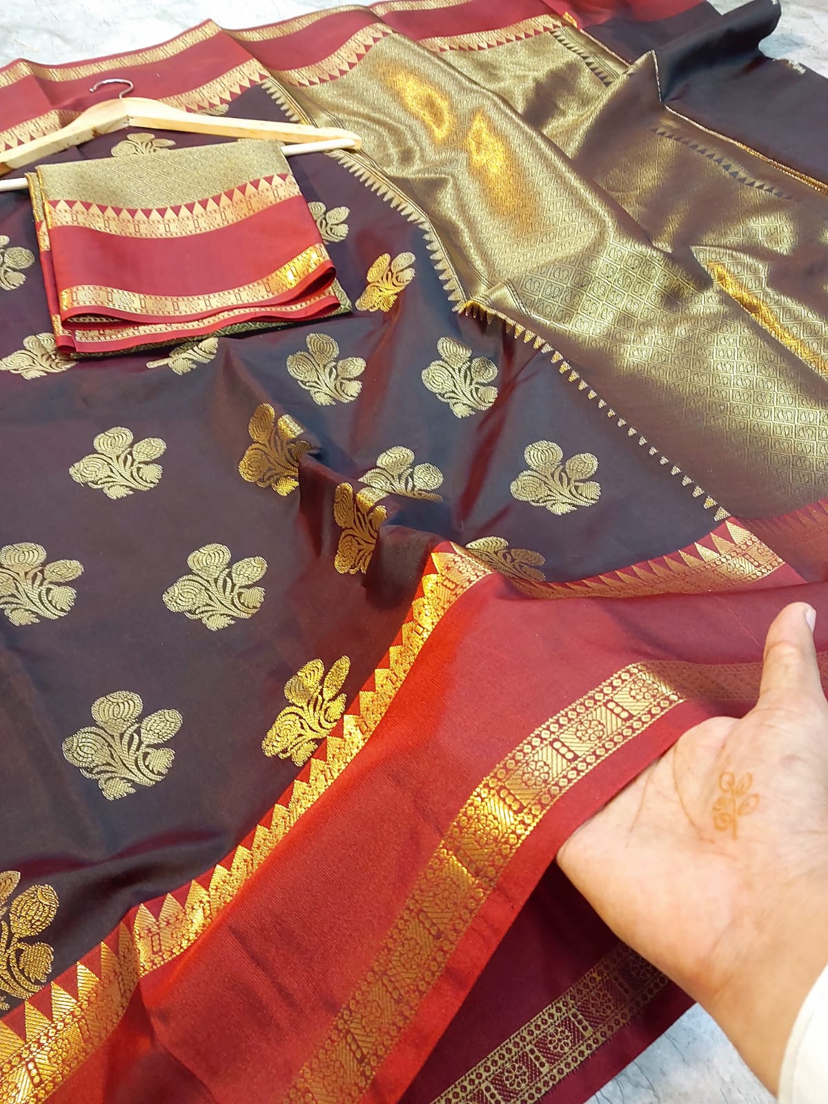 Classic Dark Brown Maroon Banarasi Semi Katan Saree with Gold Zari Butta